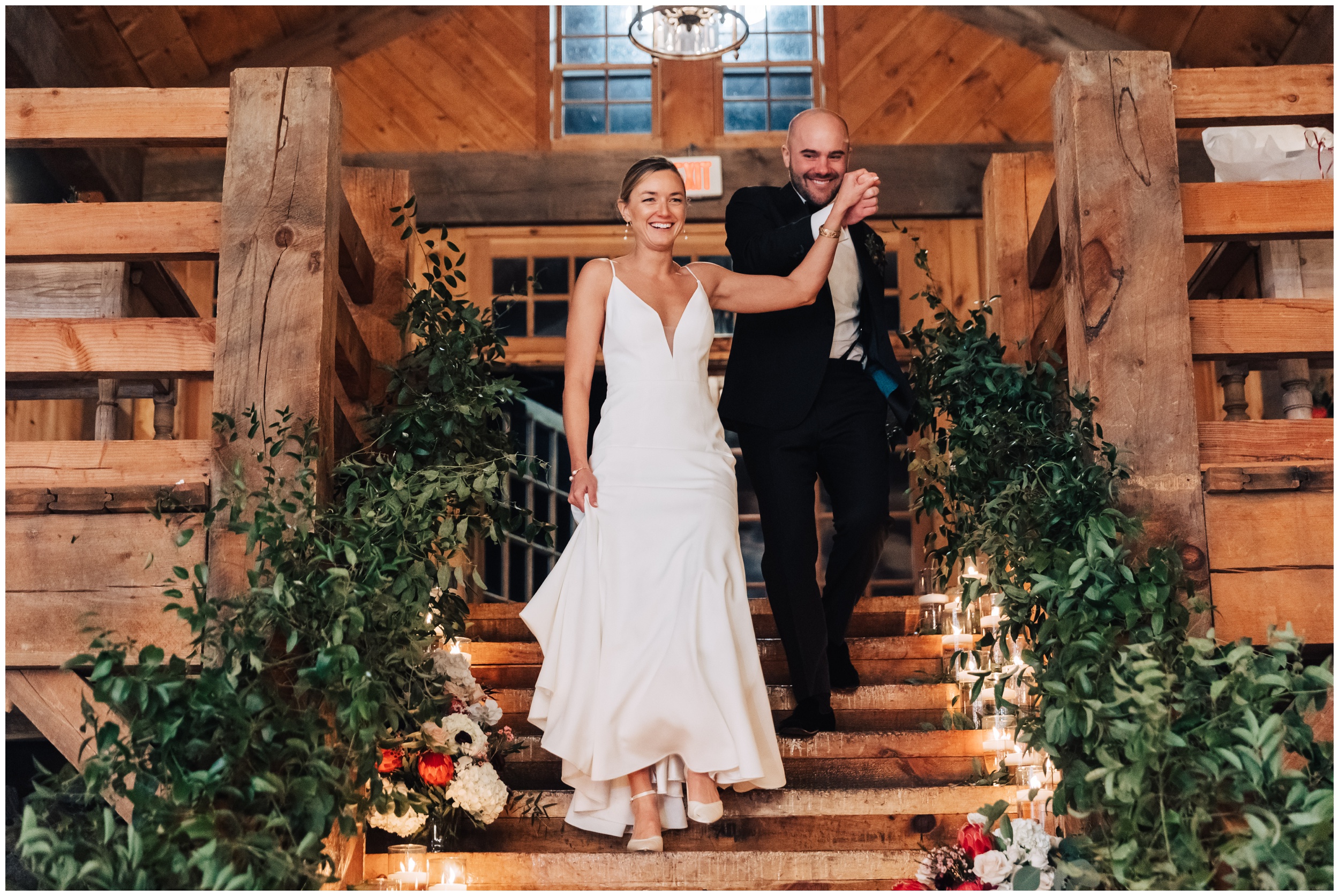 bride and groom are announced and walk down staircase into reception room at red lion inn